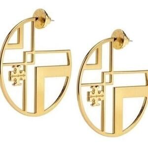 New Tory Burch Gold Chevron Stud Hoop Earrings